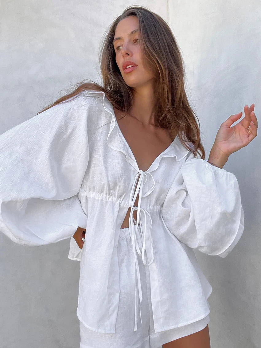 FCP Elastic Waist Shorts Ruffles Lace Up Tops - flowerchildpeople Clothing Co