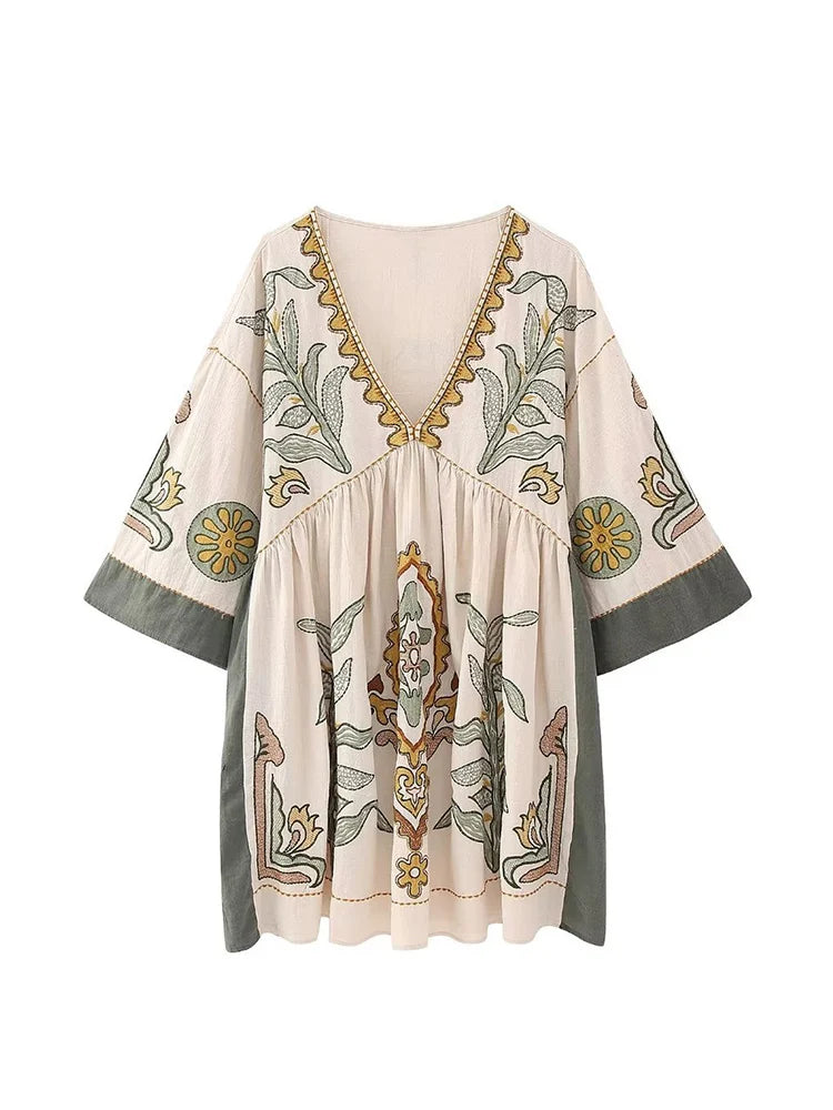 FCP Flower Print V-Neck Loose Short Dress - flowerchildpeople Clothing Co